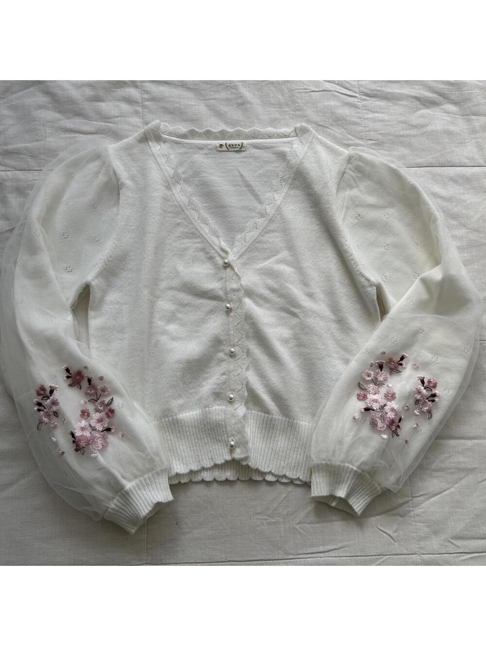 Axes Femme Ivory Pearl Button Embroidered Sleeve Cardigan Himekaji M Japan